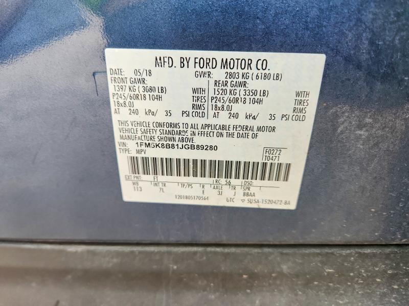 55009496 :رقم المزاد ، 1FM5K8B81JGB89280 vin ، 2018 Ford Explorer مزاد بيع