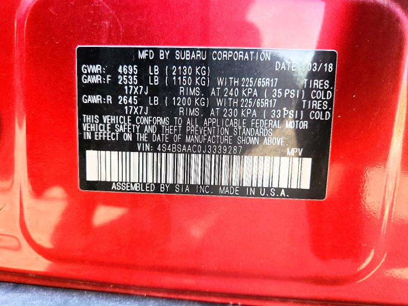 2018 Subaru Outback მანქანა იყიდება აუქციონზე, vin: 4S4BSAAC0J3339287, აუქციონის ნომერი: 53142466