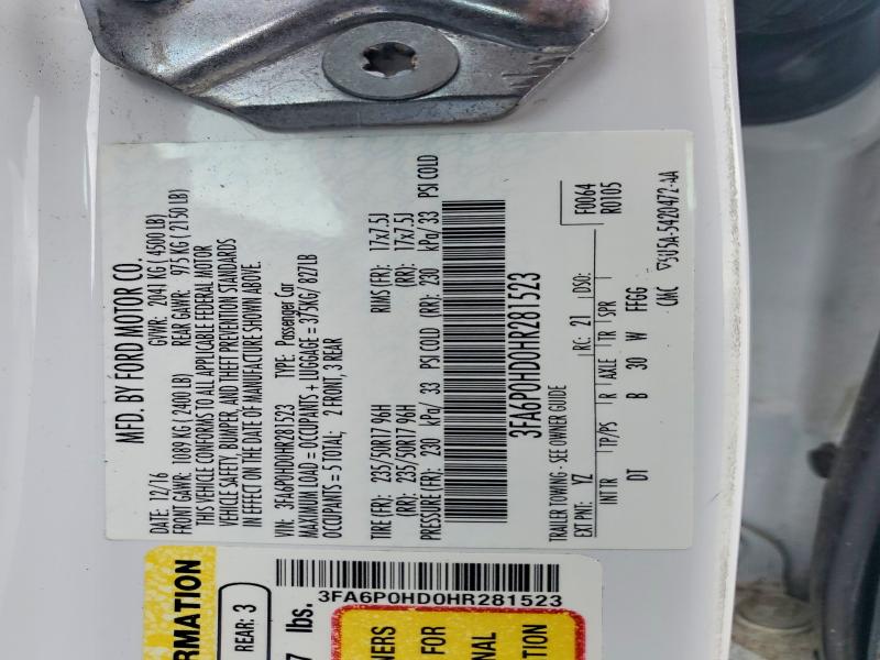 Aukcja sprzedaży 2017 Ford Fusion, vin: 3FA6P0HD0HR281523, numer aukcji: 52215156
