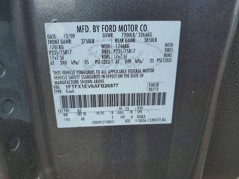 2010 Ford F150 მანქანა იყიდება აუქციონზე, vin: 1FTFX1EV6AFB26877, აუქციონის ნომერი: 52332766