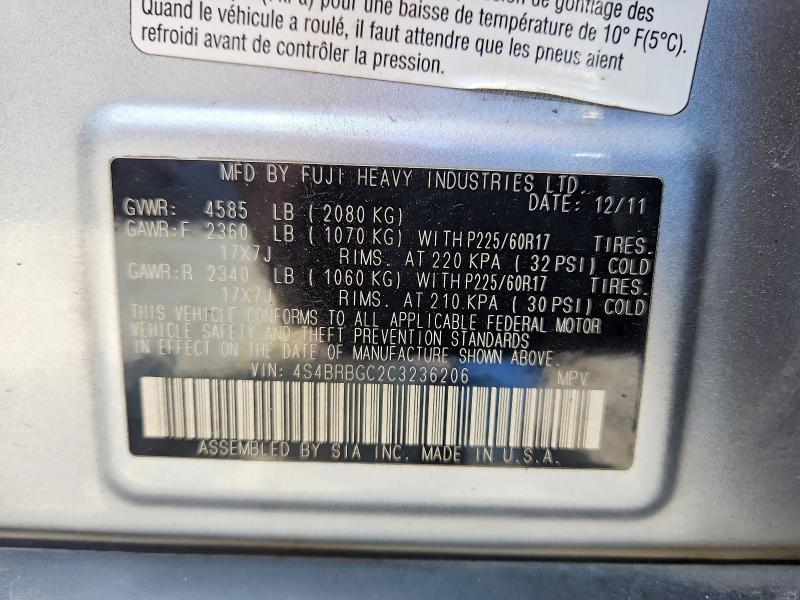 54476586 :رقم المزاد ، 4S4BRBGC2C3236206 vin ، 2012 Subaru Outback مزاد بيع