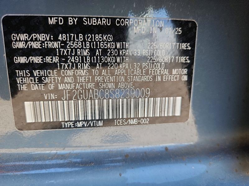 2025 Subaru Crosstrek მანქანა იყიდება აუქციონზე, vin: JF2GUABC8S8239009, აუქციონის ნომერი: 52372386