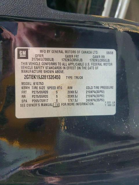 52732646 :رقم المزاد ، 2GTEK19J281326450 vin ، 2008 Gmc Sierra 1500 مزاد بيع