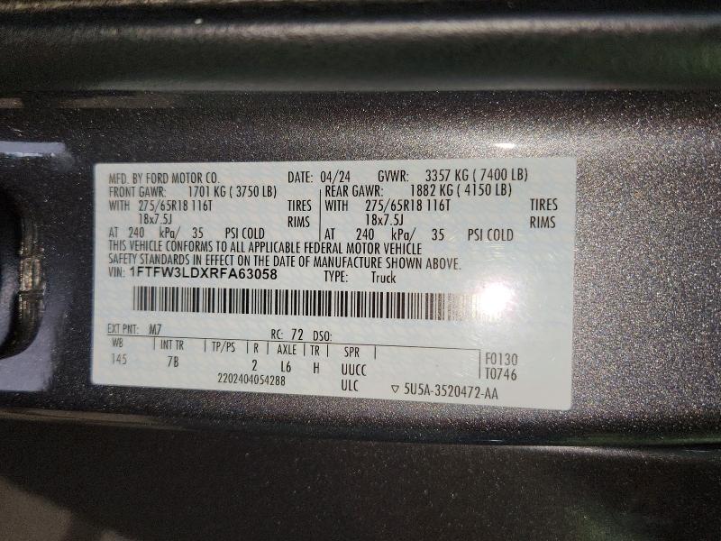 54981596 :رقم المزاد ، 1FTFW3LDXRFA63058 vin ، 2024 Ford F-150 مزاد بيع
