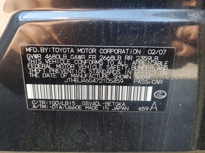 54478616 :رقم المزاد ، JTHBJ46G472105459 vin ، 2007 Lexus Es مزاد بيع