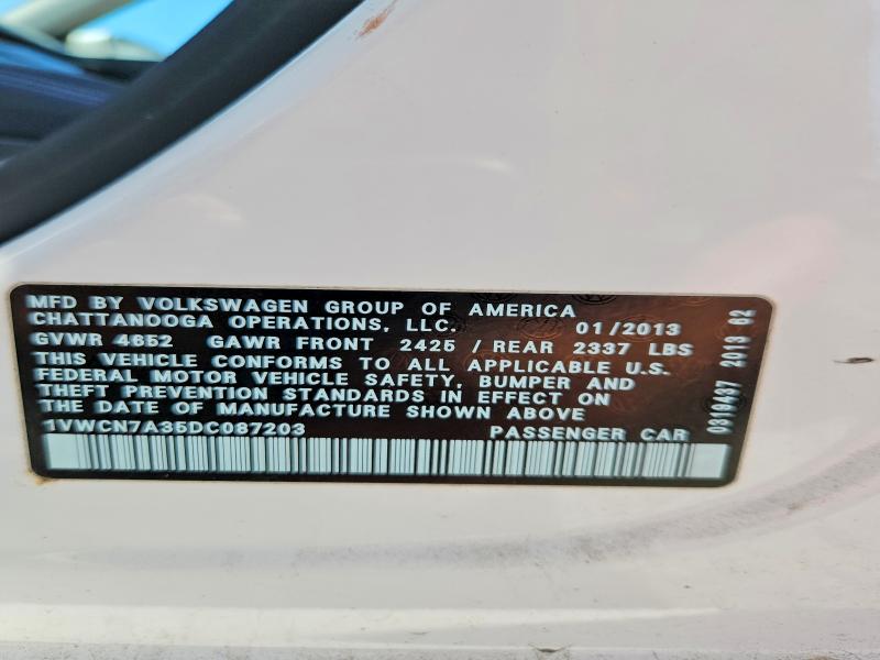 Aukcja sprzedaży 2013 Volkswagen Passat, vin: 1VWCN7A35DC087203, numer aukcji: 52389136