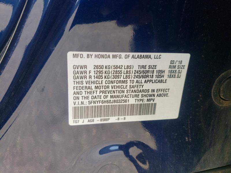 Продажа на аукционе авто 2018 Honda Pilot, vin: 5FNYF6H60JB032561, номер лота: 52375996