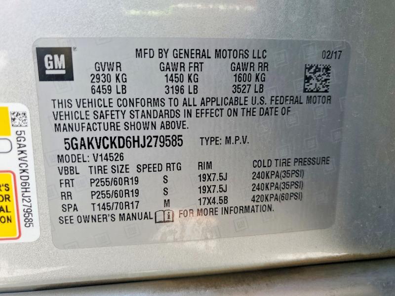 2017 Buick Enclave მანქანა იყიდება აუქციონზე, vin: 5GAKVCKD6HJ279585, აუქციონის ნომერი: 55029206