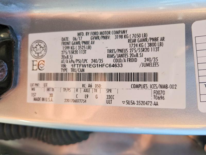 Aukcja sprzedaży 2017 Ford F150, vin: 1FTFW1EG1HFC64633, numer aukcji: 53942586