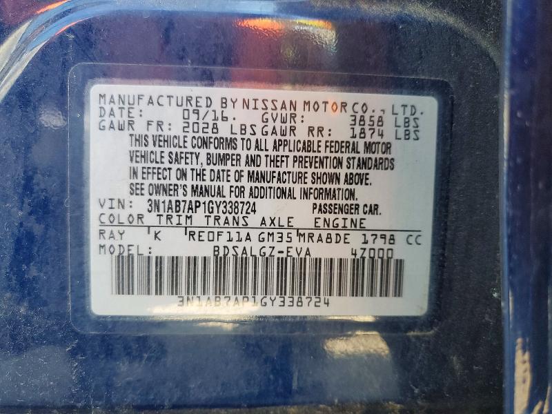 2016 Nissan Sentra მანქანა იყიდება აუქციონზე, vin: 3N1AB7AP1GY338724, აუქციონის ნომერი: 52140306