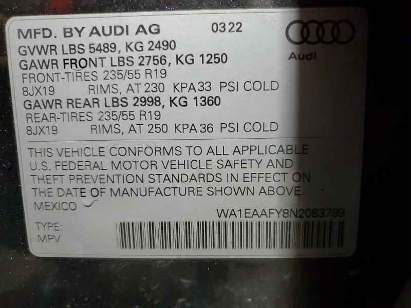 55049116 :رقم المزاد ، WA1EAAFY8N2083799 vin ، 2022 Audi Q5 مزاد بيع