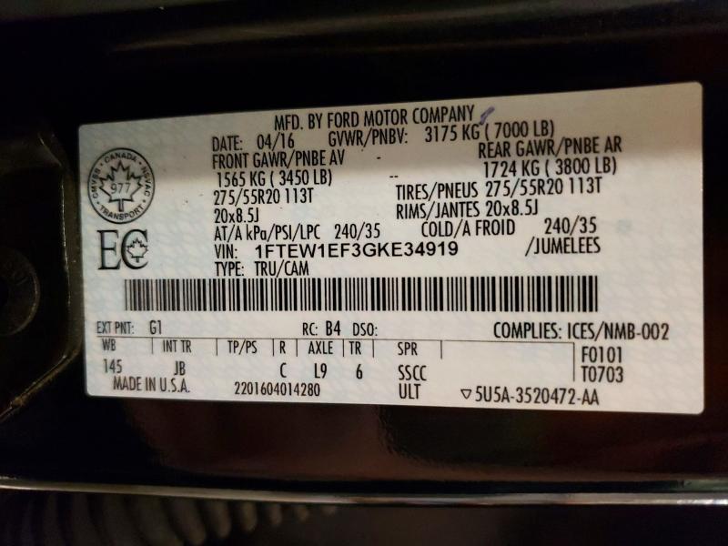 Aukcja sprzedaży 2016 Ford F150, vin: 1FTEW1EF3GKE34919, numer aukcji: 53109336