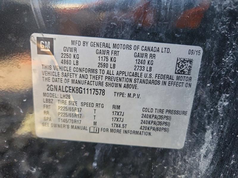 2016 Chevrolet Equinox მანქანა იყიდება აუქციონზე, vin: 2GNALCEK8G1117578, აუქციონის ნომერი: 55046226