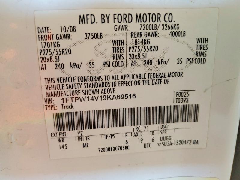 2009 Ford F150 მანქანა იყიდება აუქციონზე, vin: 1FTPW14V19KA69516, აუქციონის ნომერი: 54955156