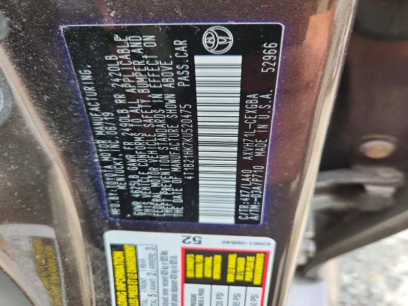 2019 Toyota Camry Hybrid მანქანა იყიდება აუქციონზე, vin: 4T1B21HK7KU520475, აუქციონის ნომერი: 55426836