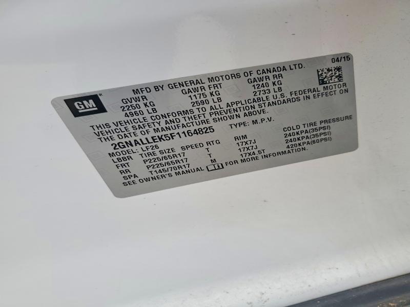 2015 Chevrolet Equinox მანქანა იყიდება აუქციონზე, vin: 2GNALLEK5F1164825, აუქციონის ნომერი: 54678046