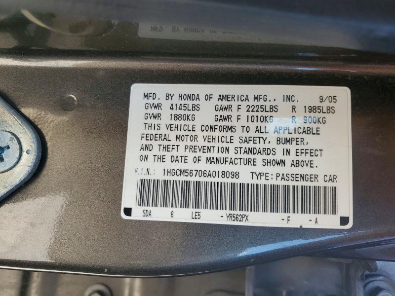 2006 Honda Accord მანქანა იყიდება აუქციონზე, vin: 1HGCM56706A018098, აუქციონის ნომერი: 54706136