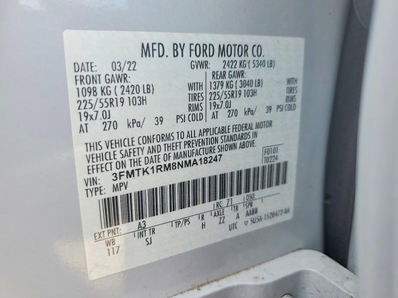 2022 Ford Mustang Mach-e მანქანა იყიდება აუქციონზე, vin: 3FMTK1RM8NMA18247, აუქციონის ნომერი: 52586496