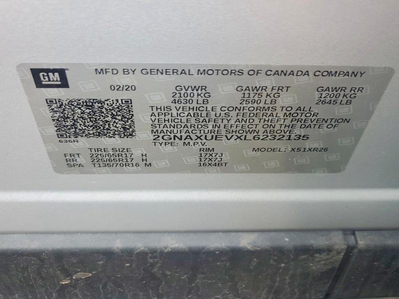 2020 Chevrolet Equinox მანქანა იყიდება აუქციონზე, vin: 2GNAXUEVXL6232135, აუქციონის ნომერი: 55319206