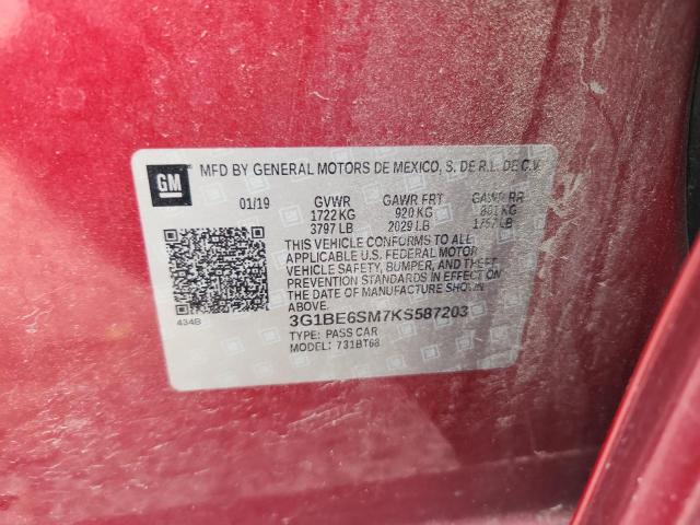 2019 Chevrolet Cruze მანქანა იყიდება აუქციონზე, vin: 3G1BE6SM7KS587203, აუქციონის ნომერი: 54252336