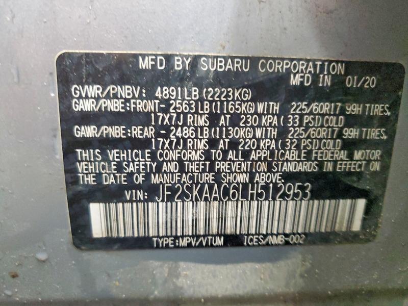 Продаж на аукціоні авто 2020 Subaru Forester, vin: JF2SKAAC6LH512953, номер лоту: 52805316