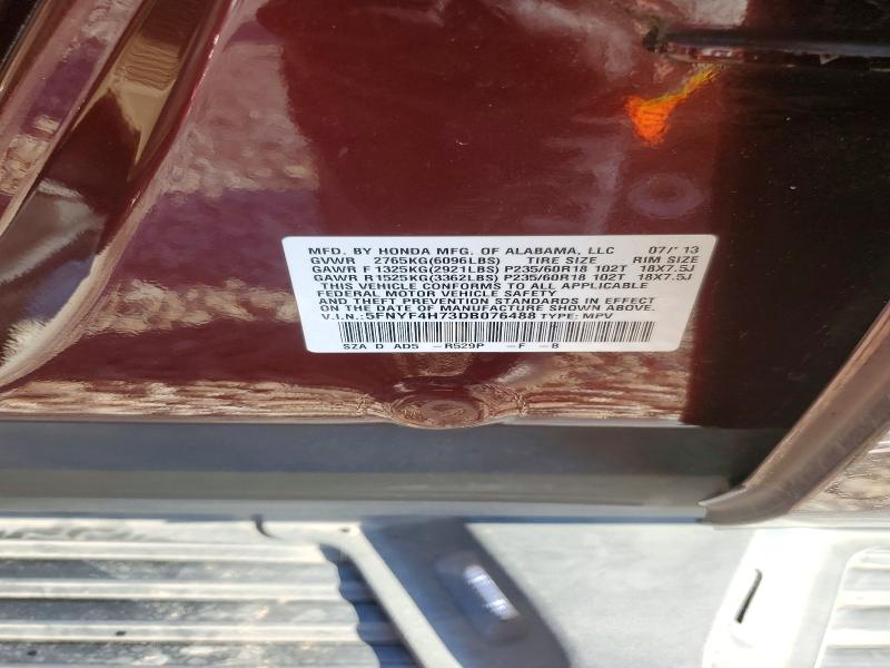 53185006 :رقم المزاد ، 5FNYF4H73DB076488 vin ، 2013 Honda Pilot مزاد بيع