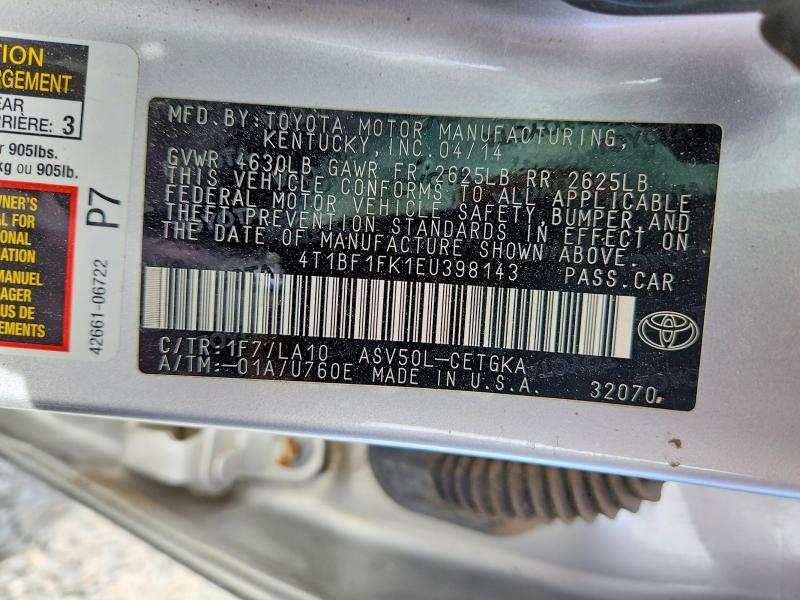 Aukcja sprzedaży 2014 Toyota Camry, vin: 4T1BF1FK1EU398143, numer aukcji: 54452256