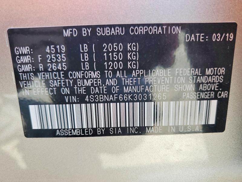 54116946 :رقم المزاد ، 4S3BNAF66K3031265 vin ، 2019 Subaru Legacy مزاد بيع