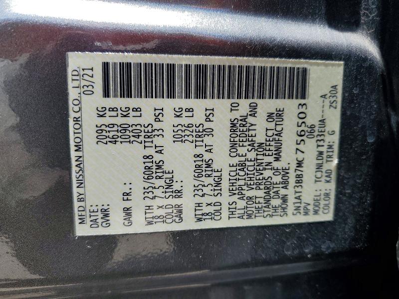 53407766 :رقم المزاد ، 5N1AT3BB7MC756503 vin ، 2021 Nissan Rogue مزاد بيع