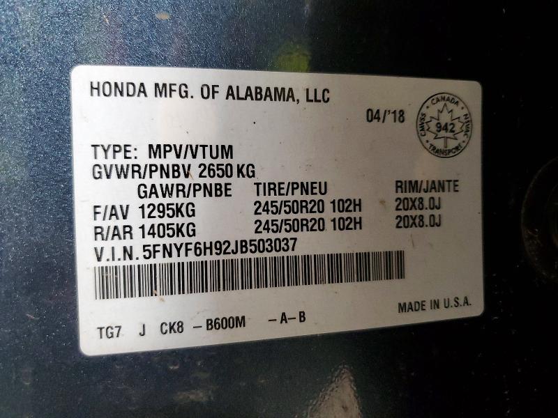 2018 Honda Pilot მანქანა იყიდება აუქციონზე, vin: 5FNYF6H92JB503037, აუქციონის ნომერი: 53634576