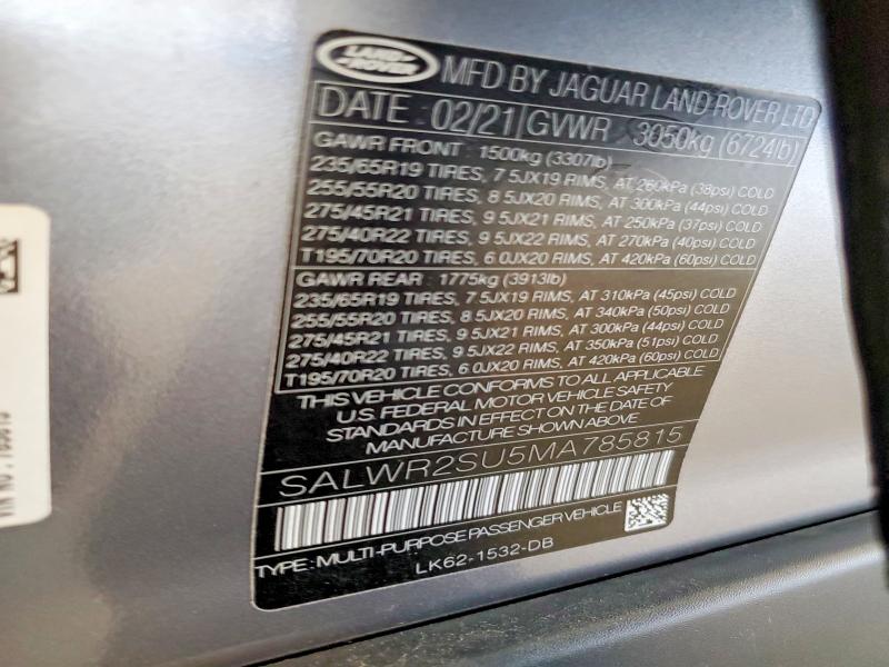 Aukcja sprzedaży 2021 Land Rover Range Rover Sport, vin: SALWR2SU5MA785815, numer aukcji: 53276546