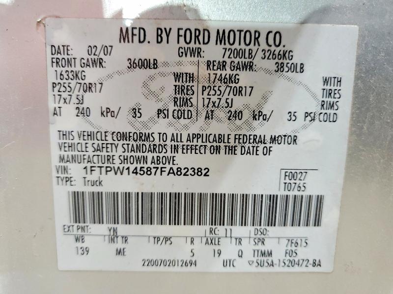 Aukcja sprzedaży 2007 Ford F150, vin: 1FTPW14587FA82382, numer aukcji: 52718846