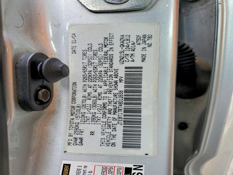 2004 Toyota 4runner მანქანა იყიდება აუქციონზე, vin: JTEBT17R748012658, აუქციონის ნომერი: 54275626