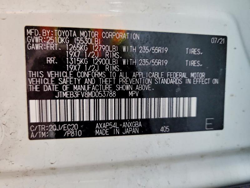 Aukcja sprzedaży 2021 Toyota Rav4 Prime, vin: JTMEB3FV8MD053788, numer aukcji: 53815976