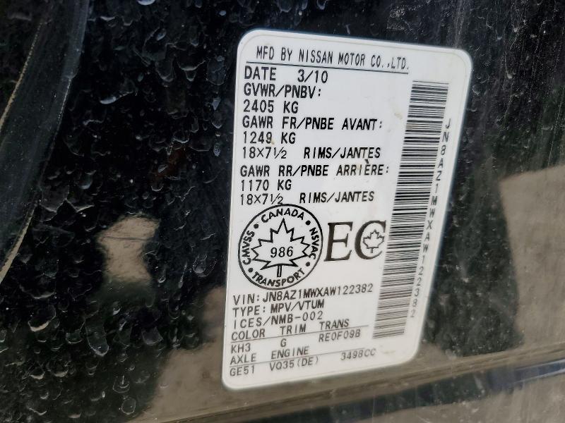 52493736 :رقم المزاد ، JN8AZ1MWXAW122382 vin ، 2010 Nissan Murano مزاد بيع