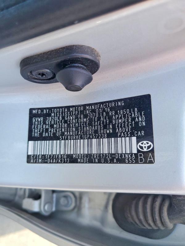 Aukcja sprzedaży 2016 Toyota Corolla, vin: 5YFBURHE1GP457238, numer aukcji: 54727426