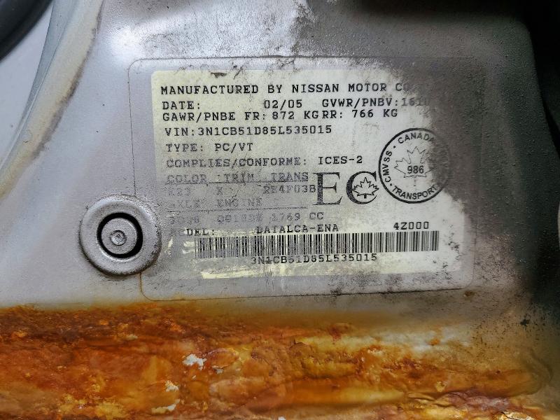 Aukcja sprzedaży 2005 Nissan Sentra, vin: 3N1CB51D85L535015, numer aukcji: 55256706
