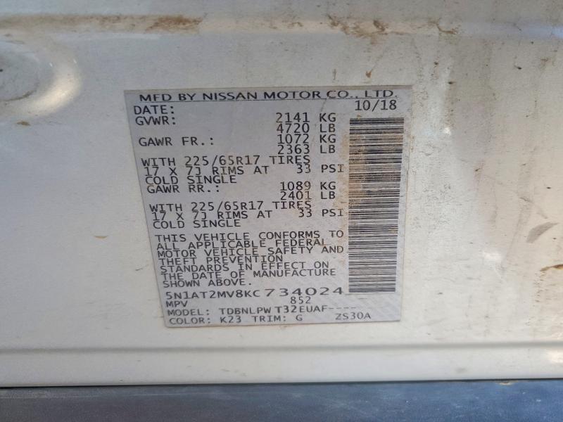 54674416 :رقم المزاد ، 5N1AT2MV8KC734024 vin ، 2019 Nissan Rogue مزاد بيع