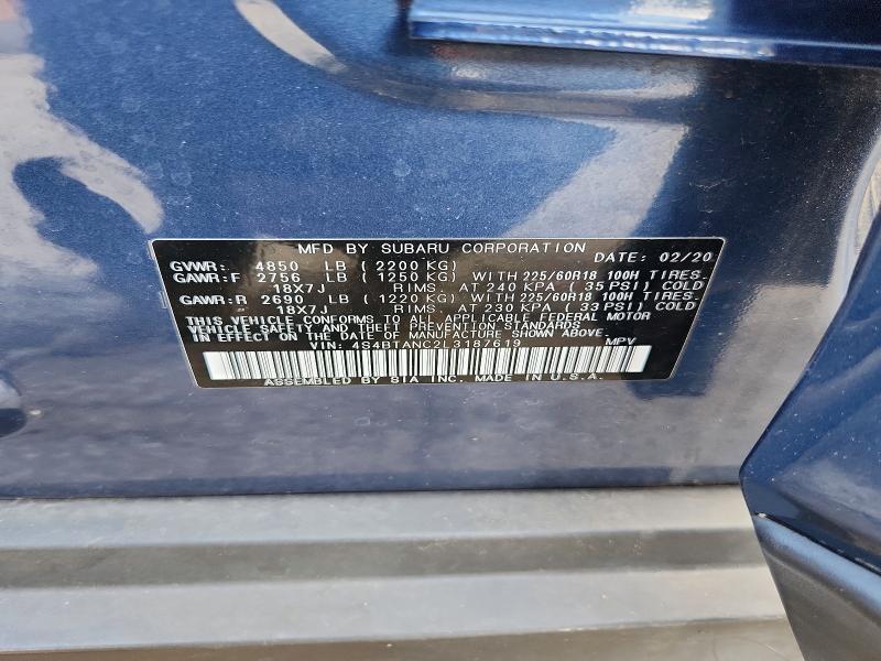 2020 Subaru Outback მანქანა იყიდება აუქციონზე, vin: 4S4BTANC2L3187619, აუქციონის ნომერი: 54487386