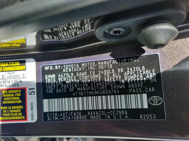 Продаж на аукціоні авто 2019 Toyota Camry, vin: 4T1B11HK9KU809764, номер лоту: 54211886