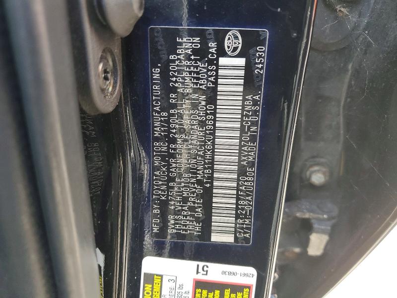 Продажа на аукционе авто 2019 Toyota Camry, vin: 4T1B11HK6KU196910, номер лота: 53803086