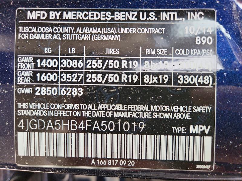 2015 Mercedes-benz Ml მანქანა იყიდება აუქციონზე, vin: 4JGDA5HB4FA501019, აუქციონის ნომერი: 54810246