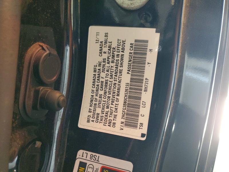 54891716 :رقم المزاد ، 2HGFG3B80CH526155 vin ، 2012 Honda Civic مزاد بيع