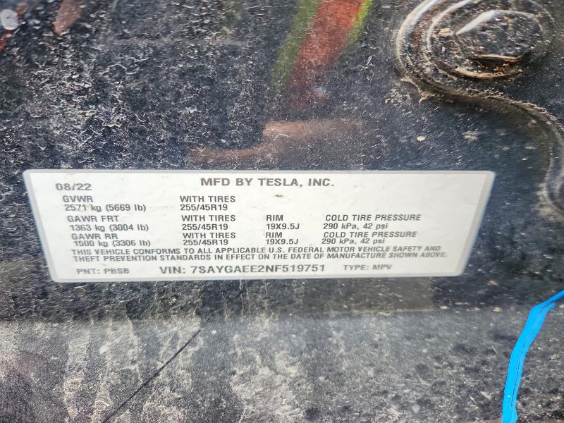 52361906 :رقم المزاد ، 7SAYGAEE2NF519751 vin ، 2022 Tesla Model Y مزاد بيع