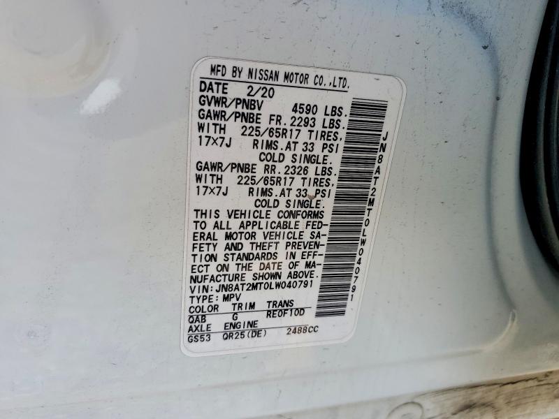 52557846 :رقم المزاد ، JN8AT2MT0LW040791 vin ، 2020 Nissan Rogue مزاد بيع