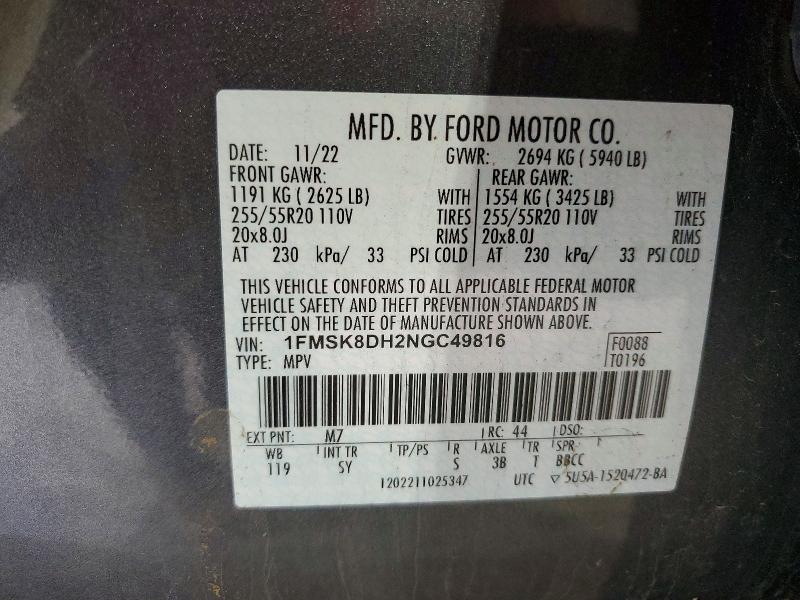 Aukcja sprzedaży 2022 Ford Explorer, vin: 1FMSK8DH2NGC49816, numer aukcji: 52481466