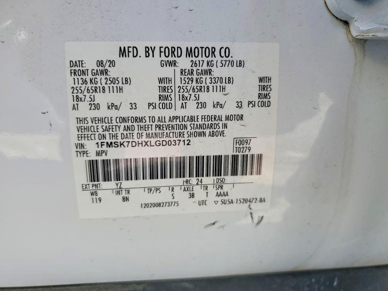 Aukcja sprzedaży 2020 Ford Explorer, vin: 1FMSK7DHXLGD03712, numer aukcji: 53880216