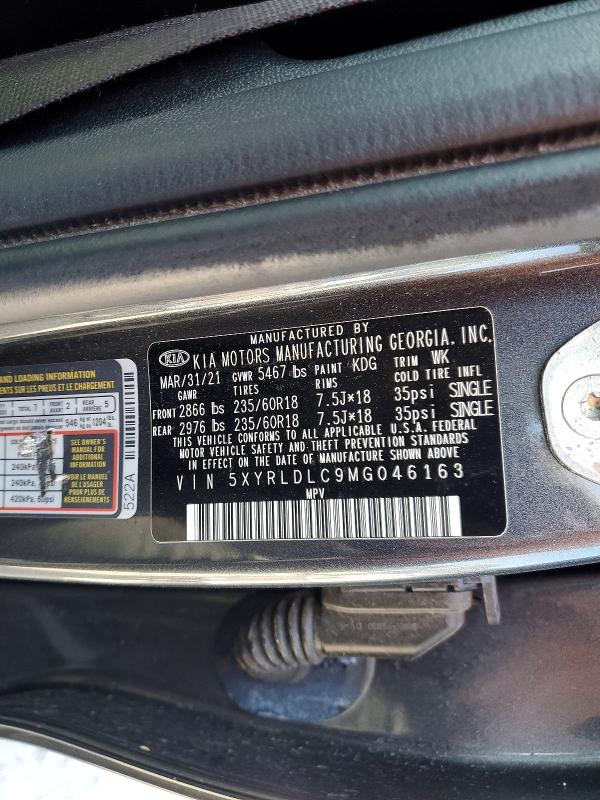 2021 Kia Sorento მანქანა იყიდება აუქციონზე, vin: 5XYRLDLC9MG046163, აუქციონის ნომერი: 52528976