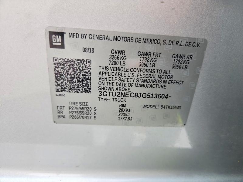 2018 Gmc Sierra მანქანა იყიდება აუქციონზე, vin: 3GTU2NEC8JG513604, აუქციონის ნომერი: 52498246