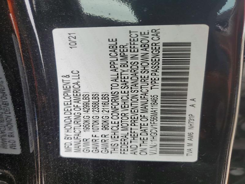2021 Honda Accord მანქანა იყიდება აუქციონზე, vin: 1HGCV1F56MA118465, აუქციონის ნომერი: 54603046